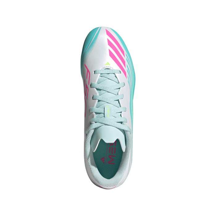 adidas F50 Messi League Firm/Multi-Ground Cleats | Cloud White / Lucid Pink / Flash Aqua | Kid's