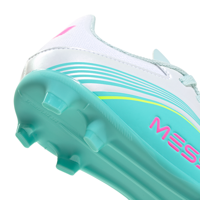 adidas F50 Messi League Firm/Multi-Ground Cleats | Cloud White / Lucid Pink / Flash Aqua | Kid's