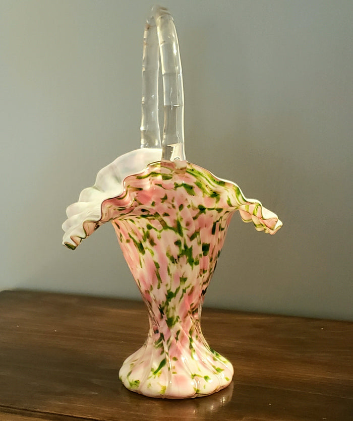 Fenton 11" Handled Basket Rose and Green Aventurine Vasa Murrhin Art Glass ~ Mid Century