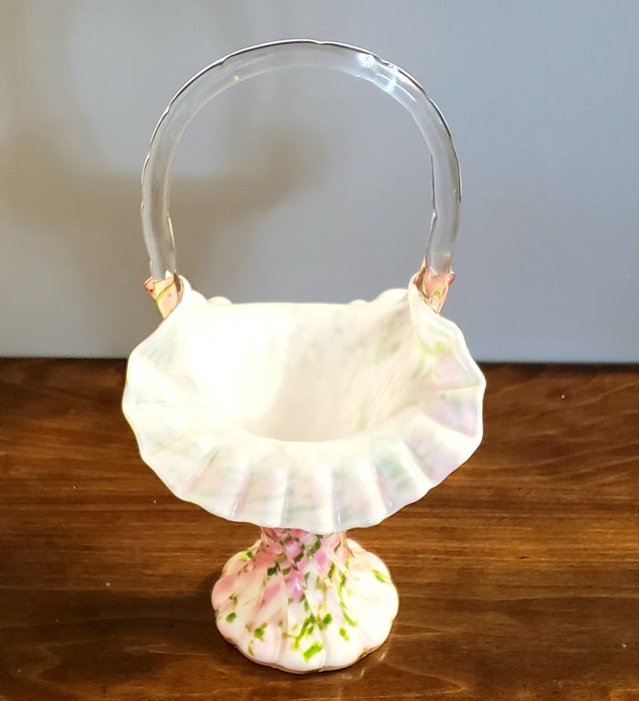Fenton 11" Handled Basket Rose and Green Aventurine Vasa Murrhin Art Glass ~ Mid Century