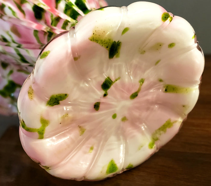 Fenton 11" Handled Basket Rose and Green Aventurine Vasa Murrhin Art Glass ~ Mid Century