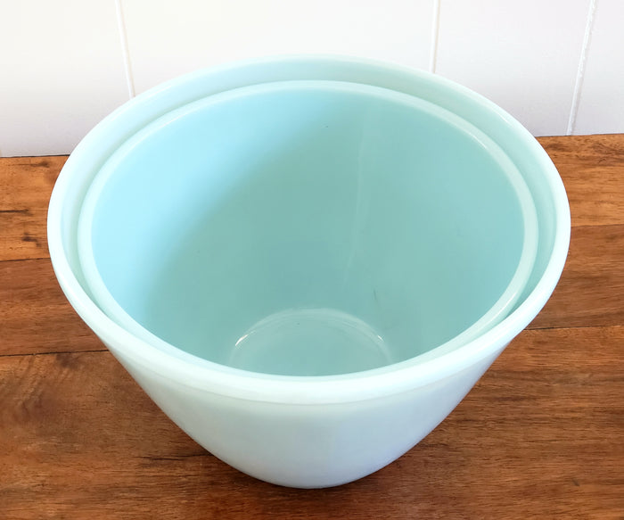 Fire King Turquoise Blue Deep Mixing Bowls Set of 2 by Anchor Hocking