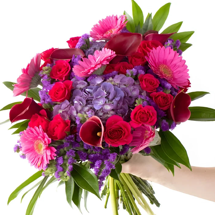 pink gerbera and purple hydrangea bouquet
