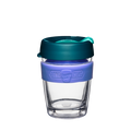 KeepCup Brew Longplay M 12oz in Haze, featuring a double-walled glass cup with lavender silicone band and deep teal lid with mint-coloured plug, shown on a white background.