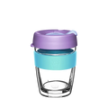 KeepCup Brew Longplay M 12oz in Moonlight, featuring a double-walled glass cup with a light blue silicone band and lavender-coloured lid with sipper closure, shown against a white background.