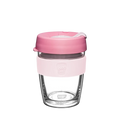 KeepCup Brew Longplay M 12oz in Pashmak Pink, featuring a clear double-walled glass body, light pink silicone band with embossed logo, and dusty rose-coloured lid with sipper closure, shown against a white background.