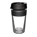 KeepCup Brew Longplay L 16oz in Black, featuring a double-walled glass cup with dark grey silicone band embossed with "Long Play" and KeepCup logo, topped with a black press-fit lid, shown against a white background.
