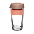 KeepCup Brew Longplay in Canna, L 16oz, featuring a double-walled glass cup with a coral-coloured silicone band and taupe lid with pink sipper, shown against a white background.