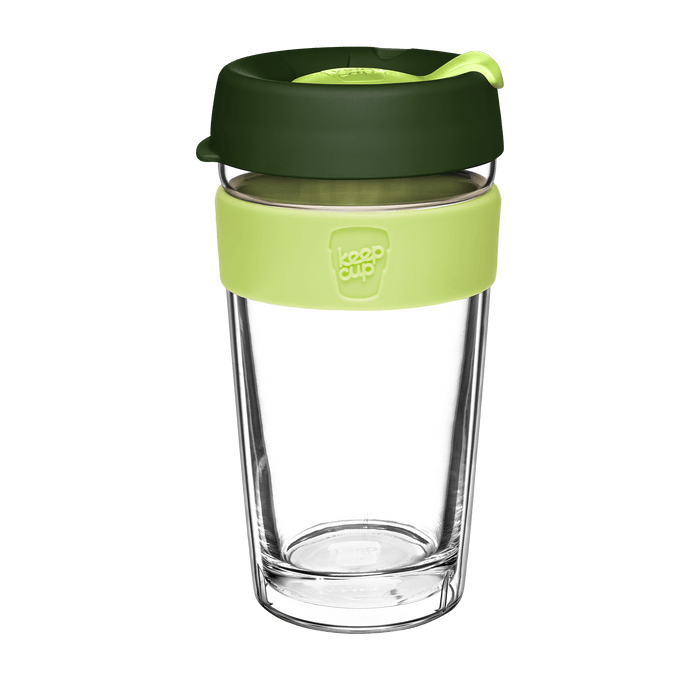 KeepCup Brew Longplay L 16oz in Geisha, featuring a clear double-walled glass cup with a light green silicone band and dark green lid with lime-coloured plug, shown on a plain white background.