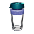 KeepCup Brew Longplay L 16oz in Haze, featuring a double-walled clear glass cup with lavender silicone band and deep teal lid with mint plug, shown against a white background.
