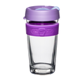 KeepCup Brew Longplay in Helio, 16oz reusable coffee cup featuring a clear double-walled glass body, purple silicone band with embossed branding, and lavender lid with light blue sipper, shown against a white background.