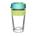 KeepCup Brew Longplay L 16oz in Matcha, featuring a clear double-walled glass cup with a lime green silicone band and teal lid with yellow plug, shown against a white background.