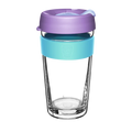 KeepCup Brew Longplay L 16oz in Moonlight, featuring a double-walled glass cup with light blue silicone band and lavender lid with sipper, shown against a white background.