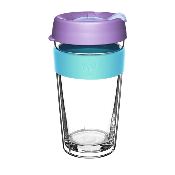KeepCup Brew Longplay L 16oz in Moonlight, featuring a double-walled glass cup with light blue silicone band and lavender lid with sipper, shown against a white background.