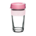 KeepCup Brew Longplay L 16oz in Pashmak Pink, featuring a double-walled glass cup with light pink silicone band and dusty rose lid, shown against a white background.