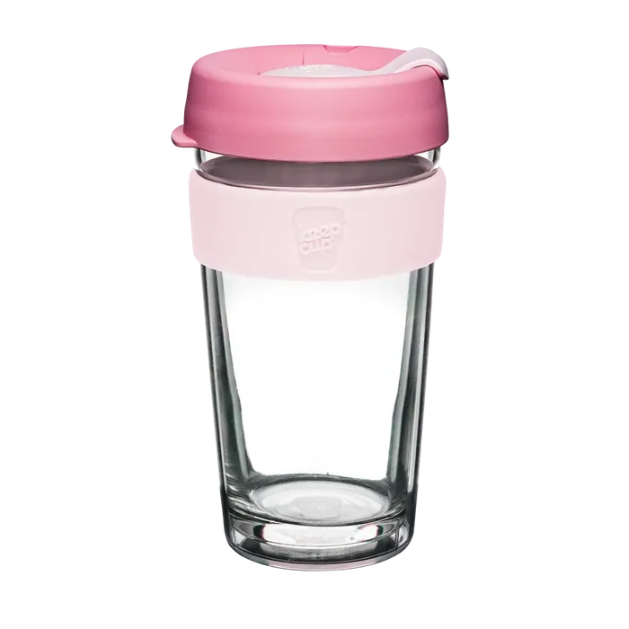 KeepCup Brew Longplay L 16oz in Pashmak Pink, featuring a double-walled glass cup with light pink silicone band and dusty rose lid, shown against a white background.