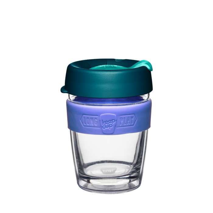 KeepCup Brew Longplay M 12oz in Haze, featuring a double-walled glass cup with lavender silicone band and deep teal lid with mint-coloured plug, shown on a white background.