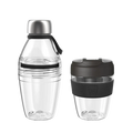 KeepCup Glow Getter Black set featuring a clear reusable water bottle with stainless steel cap and carry loop alongside a matching clear reusable coffee cup with black lid and silicone band, both shown against a white background.