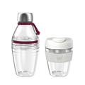 KeepCup Glow Getter set in Burgundy featuring a clear reusable water bottle with stainless steel cap and burgundy silicone accents alongside a clear reusable coffee cup with white lid and light grey band, both shown on a plain white background.