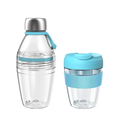 KeepCup Glow Getter set in Cloud colourway featuring a clear reusable water bottle with stainless steel cap and light blue silicone carry loop alongside a matching clear reusable coffee cup with light blue lid and grip band, shown against a white background.