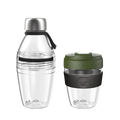 KeepCup Glow Getter Pine set featuring a clear reusable water bottle with stainless steel cap and black carry loop alongside a clear reusable coffee cup with olive green lid and charcoal grey band, shown against a white background.