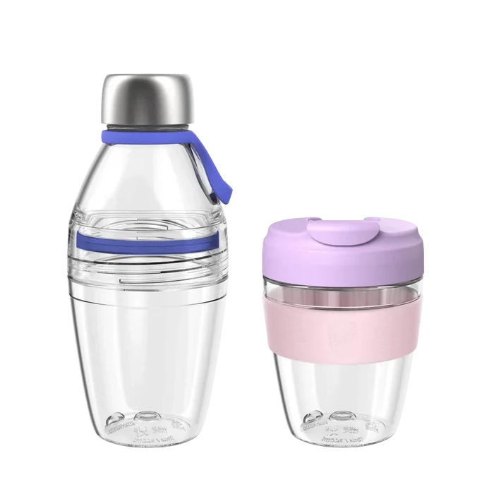 KeepCup Glow Getter in Lilac reusable cup with lavender lid and pink band, shown alongside a clear water bottle with blue accents and stainless steel cap, both displayed against a white background.