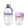 KeepCup Glow Getter in Lilac reusable cup with lavender lid and pink band, shown alongside a clear water bottle with blue accents and stainless steel cap, both displayed against a white background.