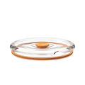 Go Bowl Flat Lid in Peach, shown from a low side angle against a white background, featuring a clear plastic lid with an orange silicone rim and central press-button seal.