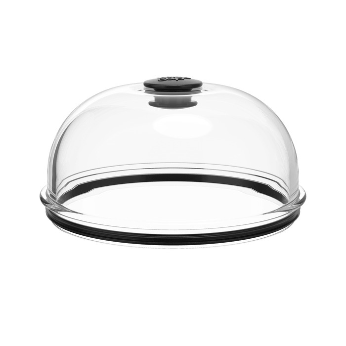 Go Bowl Dome Lid in Black, shown from a front angle on a white background. The transparent dome features a black knob on top and a black silicone seal around the base rim.