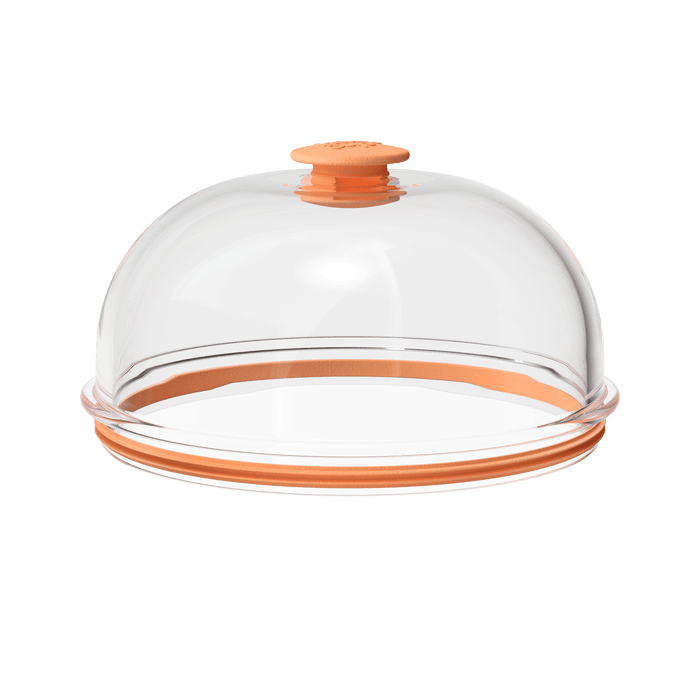 KeepCup Go Bowl Dome Lid in Peach, shown from a three-quarter angle featuring a clear domed lid with peach-coloured silicone rim and matching peach knob handle on top.