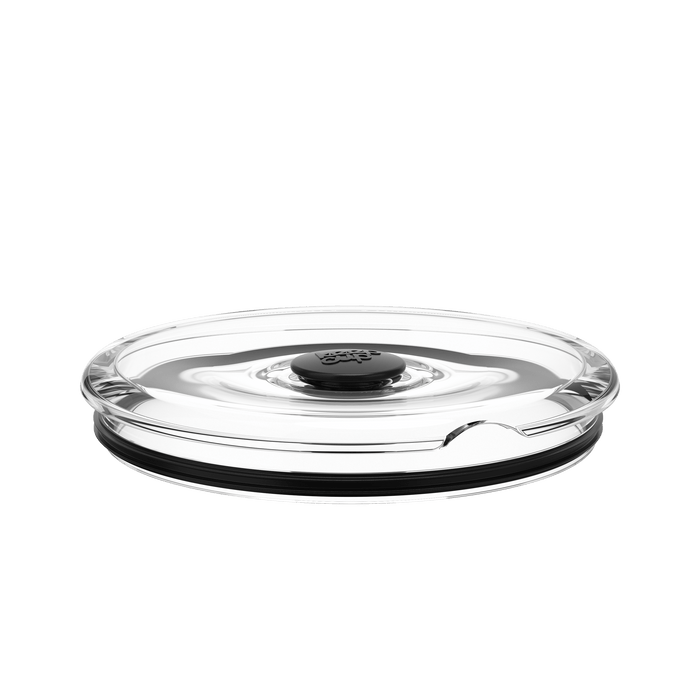 Go Bowl Flat Lid in Black, shown from a low side angle against a white background, featuring a clear plastic lid with a central black vent button and black silicone seal ring around the base.