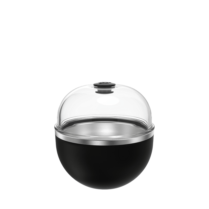 Go Bowl Luxe in Black with clear dome lid, shown assembled from a front angle against a white background, featuring the spherical matte black base, stainless steel rim, and transparent domed lid with black vent button.
