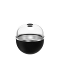Go Bowl Luxe in Black with clear dome lid, shown assembled from a front angle against a white background, featuring the spherical matte black base, stainless steel rim, and transparent domed lid with black vent button.