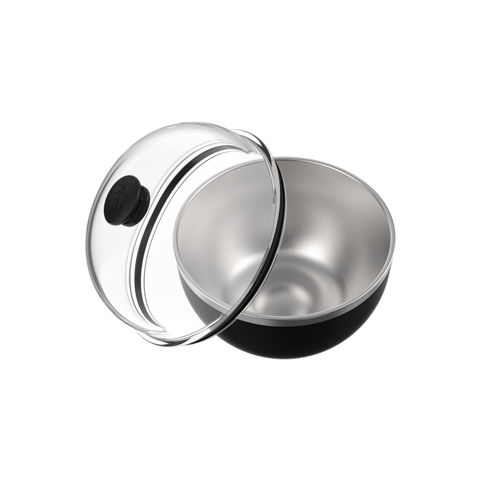 KeepCup Go Bowl Luxe in Black with dome lid shown separated, featuring a stainless steel interior bowl with black exterior base and clear domed lid with black vent button, displayed at an angle on a white background.