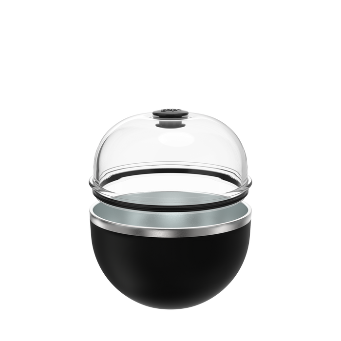 KeepCup Go Bowl Luxe in Black with clear dome lid shown slightly separated from the base, displaying the black bowl, silver stainless steel band, and transparent domed lid with black press-fit stopper.