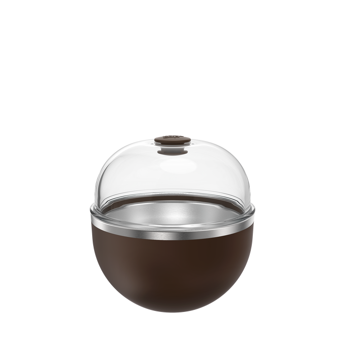KeepCup Go Bowl Luxe in Chocolate with Dome Lid, featuring a dark brown rounded base with silver trim and a clear domed lid with brown button, shown against a white background.