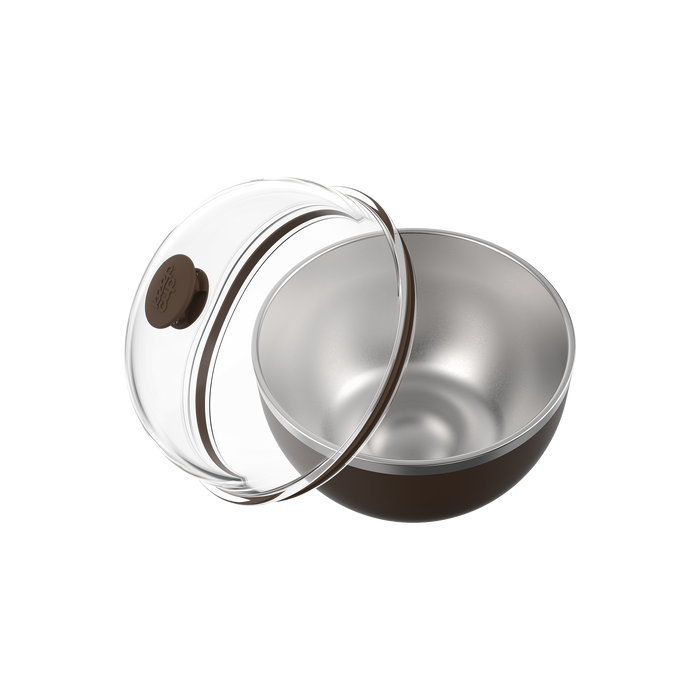 KeepCup Go Bowl Luxe in Chocolate shown from an angled view with the clear dome lid lifted to reveal the stainless steel interior and dark brown exterior base.