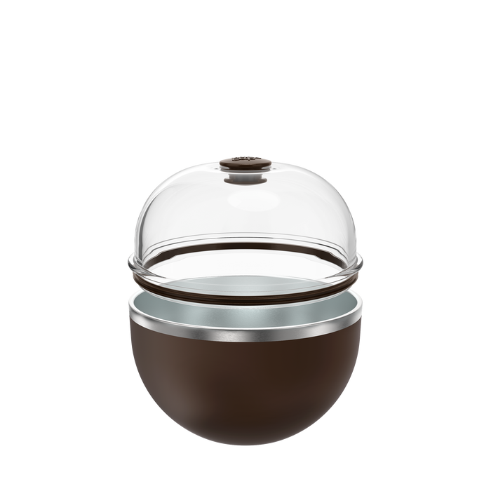 KeepCup Go Bowl Luxe in Chocolate with dome lid, shown with the clear domed lid slightly lifted to reveal the dark brown bowl base and silver stainless steel band.