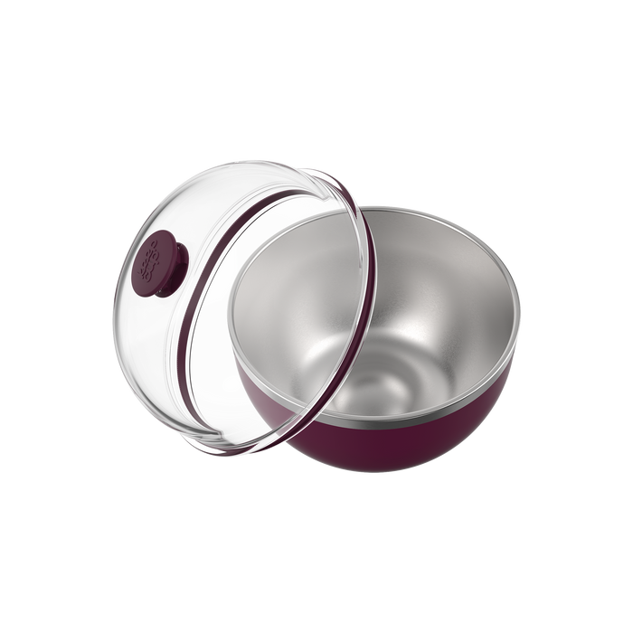 KeepCup Go Bowl Luxe in Mulberry with dome lid shown at an angle, featuring the clear lid with purple silicone seal lifted beside the stainless steel bowl with deep purple exterior coating.