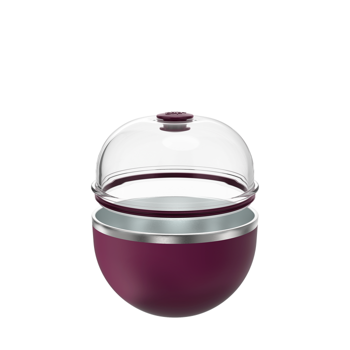 KeepCup Go Bowl Luxe in Mulberry with clear dome lid shown slightly open, featuring a deep plum-coloured insulated stainless steel base with silver rim and transparent domed lid with matching Mulberry knob.