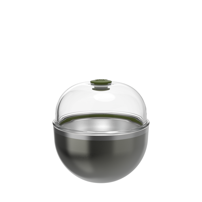 KeepCup Go Bowl Luxe in Nitro Pine, featuring a dark metallic green stainless steel base with a clear domed lid and olive green silicone knob, shown against a white background.