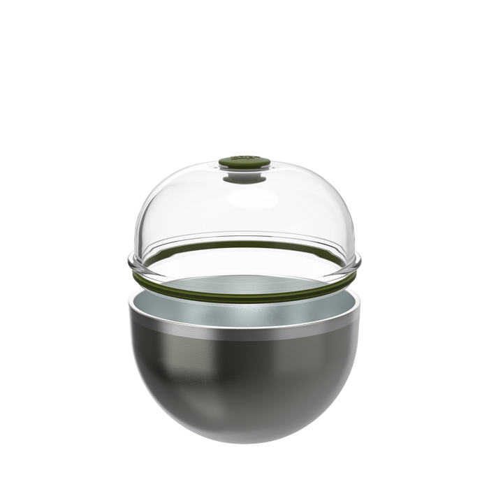 KeepCup Go Bowl Luxe in Nitro Pine shown in an exploded view with the clear dome lid with olive green knob separated from the dark metallic stainless steel bowl base, highlighting the green silicone seal.