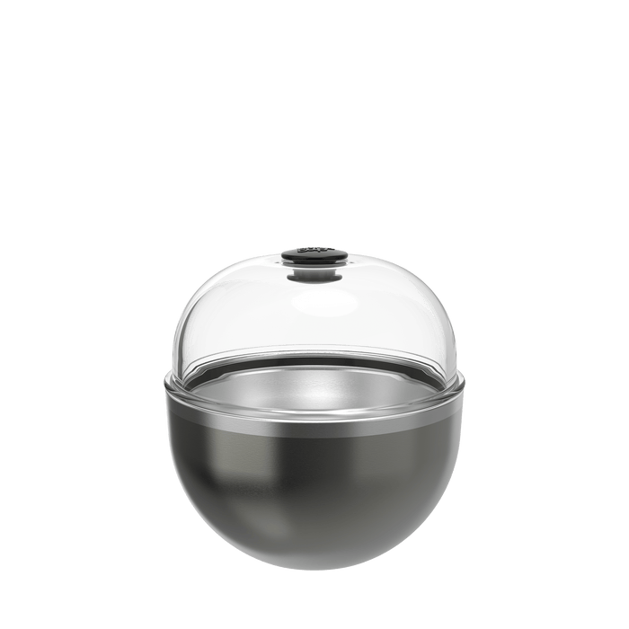 KeepCup Go Bowl Luxe in Nitro, featuring a rounded stainless steel base in dark metallic grey with a clear domed lid and black stopper, shown from a front angle against a white background.