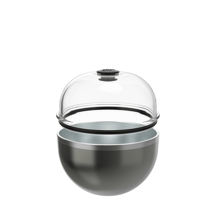 KeepCup Go Bowl Luxe in Nitro, featuring a metallic dark grey stainless steel base with transparent dome lid and black knob, shown in an exploded view against a white background to display the separate components.