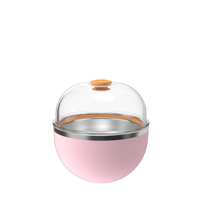 KeepCup Go Bowl Luxe in soft pink with clear domed lid and orange press-fit closure, shown in an exploded view displaying the stainless steel rim and bowl base separated from the transparent lid.