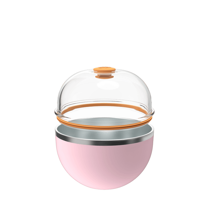 KeepCup Go Bowl Luxe in Pashmak Pink shown open with the clear dome lid lifted, revealing the stainless steel inner bowl and soft pink rounded base with orange silicone seal details.
