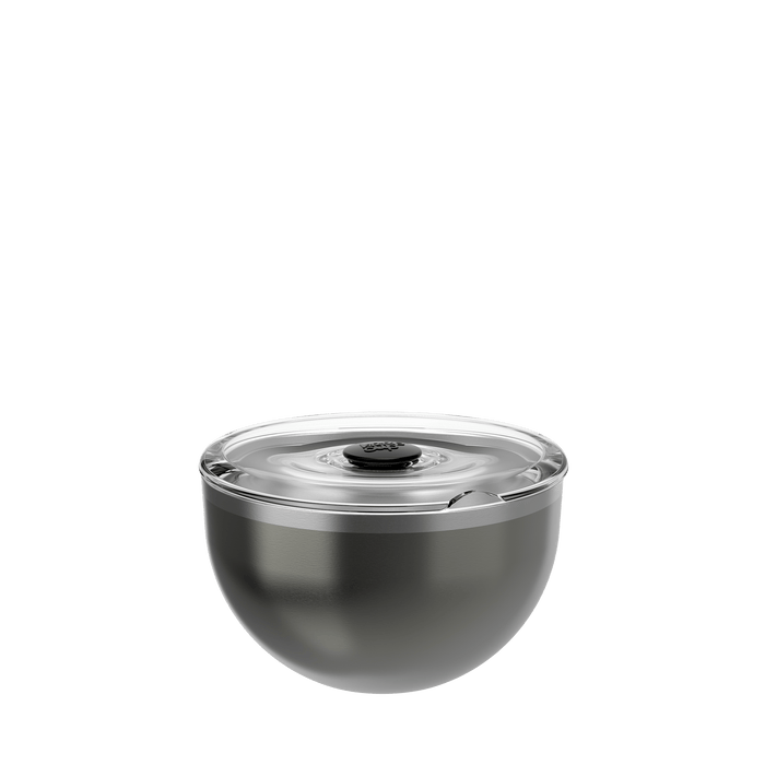 KeepCup Go Bowl Luxe in Nitro, featuring a dark metallic stainless steel bowl with a clear flat lid and central press-fit seal, shown from a front angle against a white background.