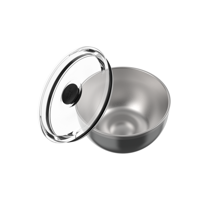 KeepCup Go Bowl Luxe in Nitro, showing a stainless steel bowl with dark grey exterior alongside its transparent flat lid with black silicone vent, displayed at an angle on a white background.