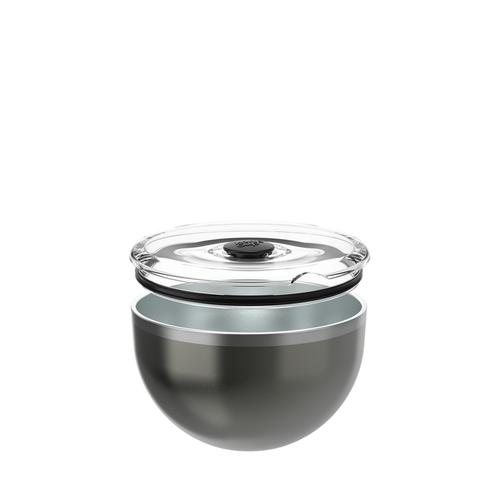 KeepCup Go Bowl Luxe in Nitro, featuring a dark metallic stainless steel bowl with clear flat lid and black valve, shown with lid slightly raised to display the sealing ring.