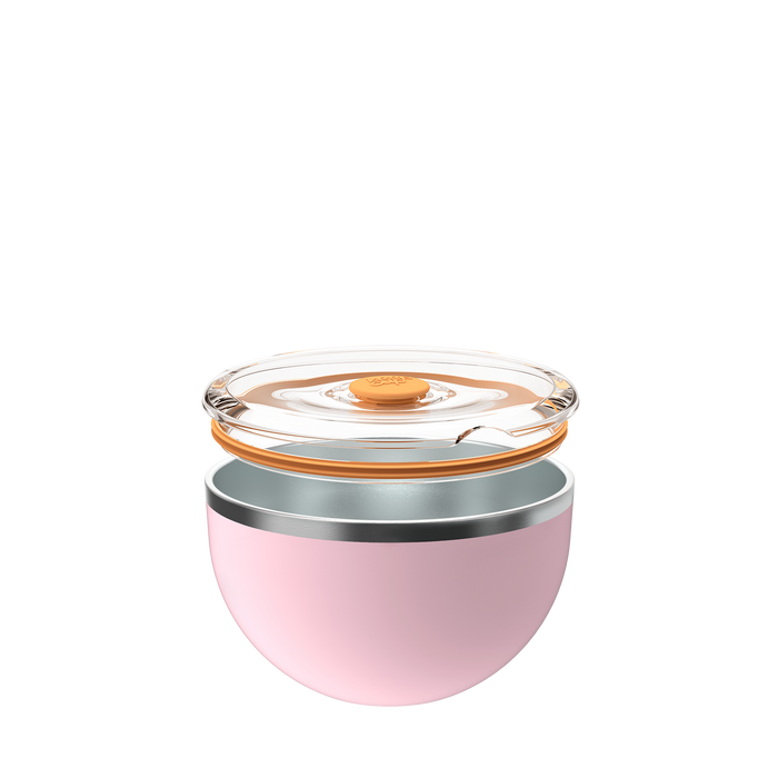 KeepCup Go Bowl Luxe in Pashmak Pink shown in an exploded view with the clear flat lid with orange silicone seal and press-fit closure hovering above the soft pink insulated stainless steel bowl base.